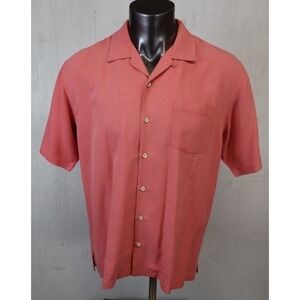 Tommy Bahama Floral Silk Shirt‎ Loop Collar Button Front Size L Coral Pink